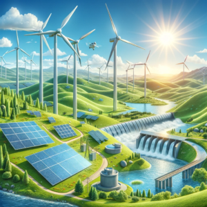 Uma ilustração de um portfólio diversificado de usinas de energia, incluindo turbinas eólicas em uma paisagem campestre, painéis solares estendendo-se por um campo aberto e uma usina hidrelétrica situada em um rio, demonstrando um investimento em energia sustentável e renovável.