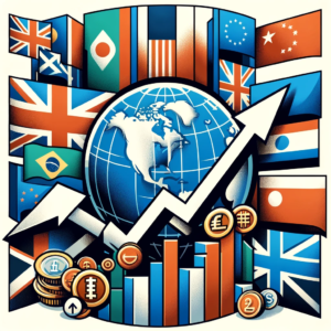 Ilustração com bandeiras estilizadas representando mudanças políticas, gráficos com setas ascendentes simbolizando inflação e um globo ao fundo indicando influência global nos mercados financeiros.