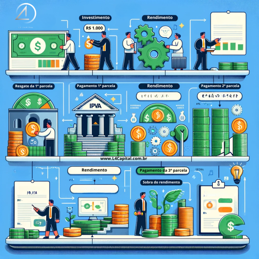 Infográfico mostrando o processo de amortização de investimento para o pagamento parcelado do IPVA. Inclui cálculos mensais de saldo inicial, rendimento a 0,97% ao mês e subtração das parcelas do IPVA, terminando com um saldo positivo após três meses.