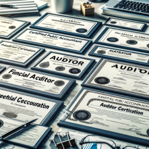 A imagem representa exemplos de certificações e licenças exigidas para auditores profissionais.