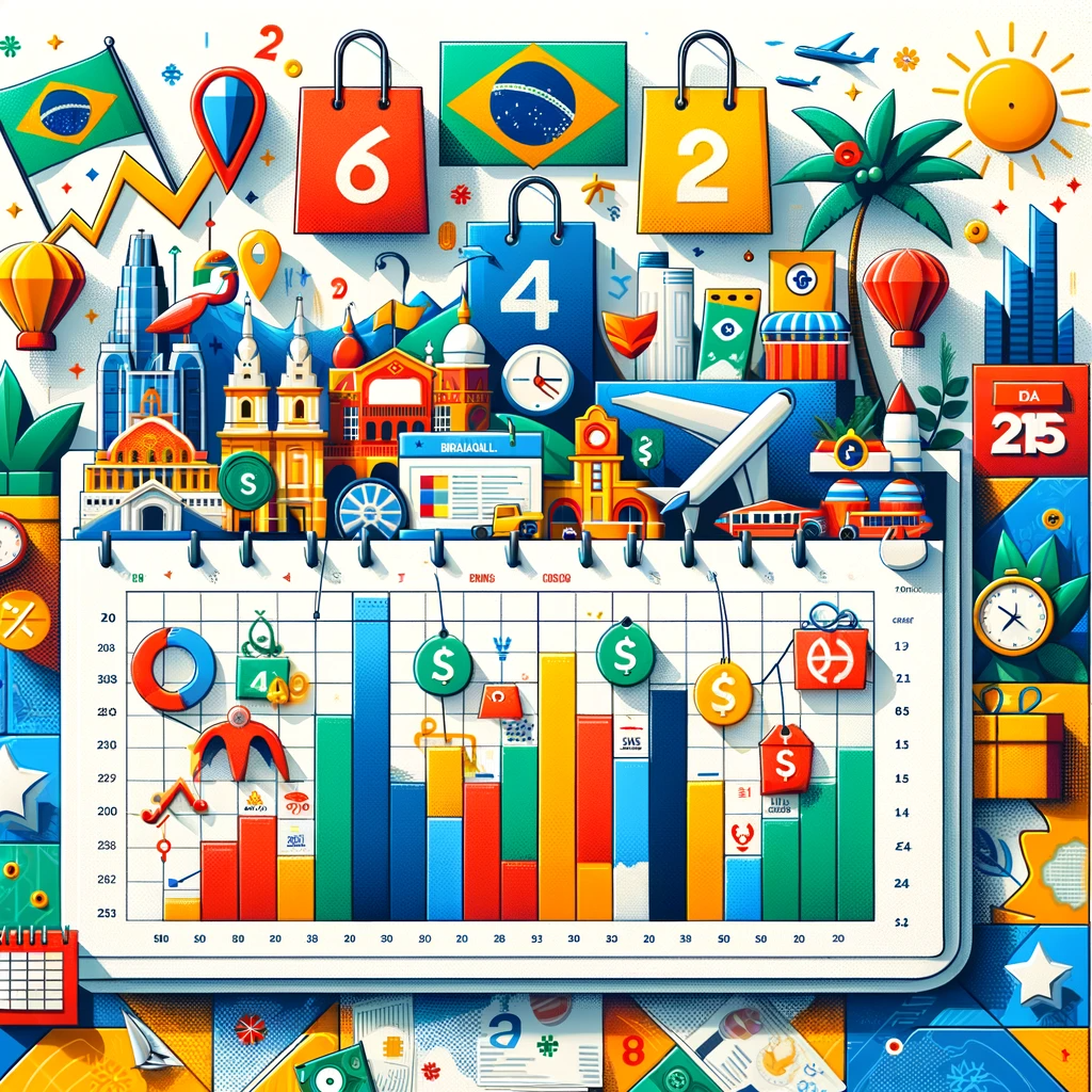 A imagem representa visualmente os elementos-chave do impacto econômico dos feriados no Brasil, combinando aspectos do comércio e turismo com símbolos nacionais.