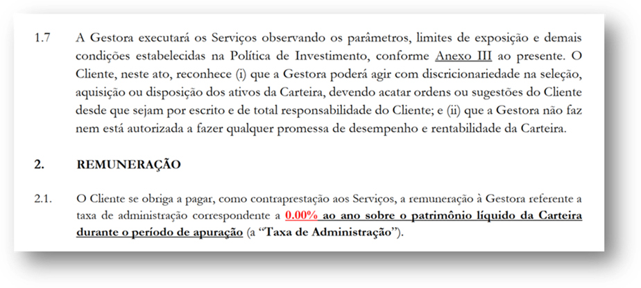 Extrato do contrato de carteira administrada para o projeto de ativismo contra a Lupatech, sem cobrar remuneração dos participantes.