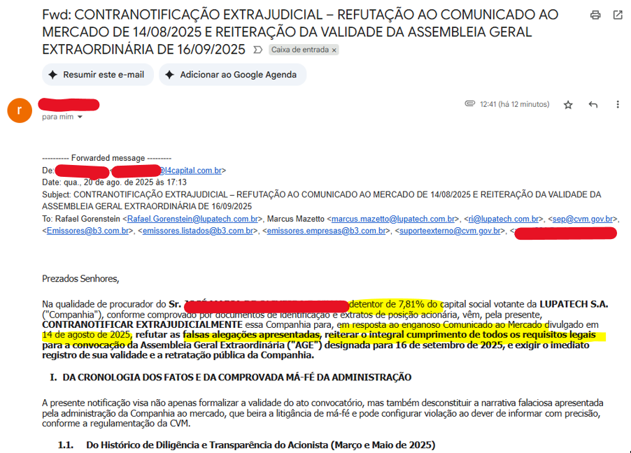 Email da L4 Capital, com cópia para a CVM e B3, sobre instauração da AGE da Lupatech.